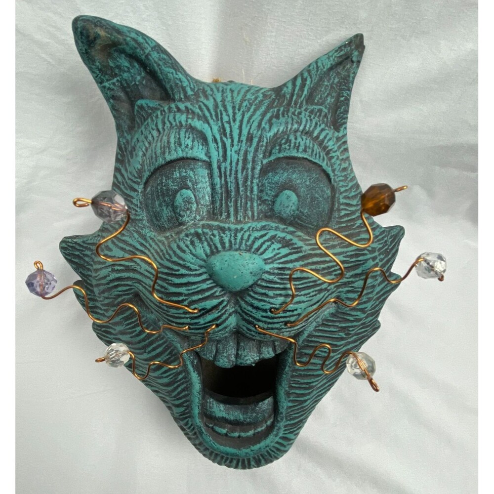 Whimsical Cat Face Hanging Bird Feeder House Blue Ceramic 11"x7" Yard Decor